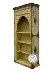 Mehrab Hand Carved Indian Wood Carved Open Bookshelf Yellow 110x45x230cm