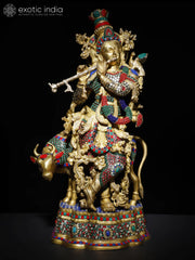 Indian Lord Krishna With His Cow Brass Statue With Inlay Work
