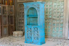 Antique Indian Jali Hand Carved Solid Wooden Bookshelves Bluewash 92x40x181cm A067