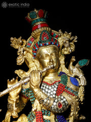 Indian Lord Krishna With His Cow Brass Statue With Inlay Work