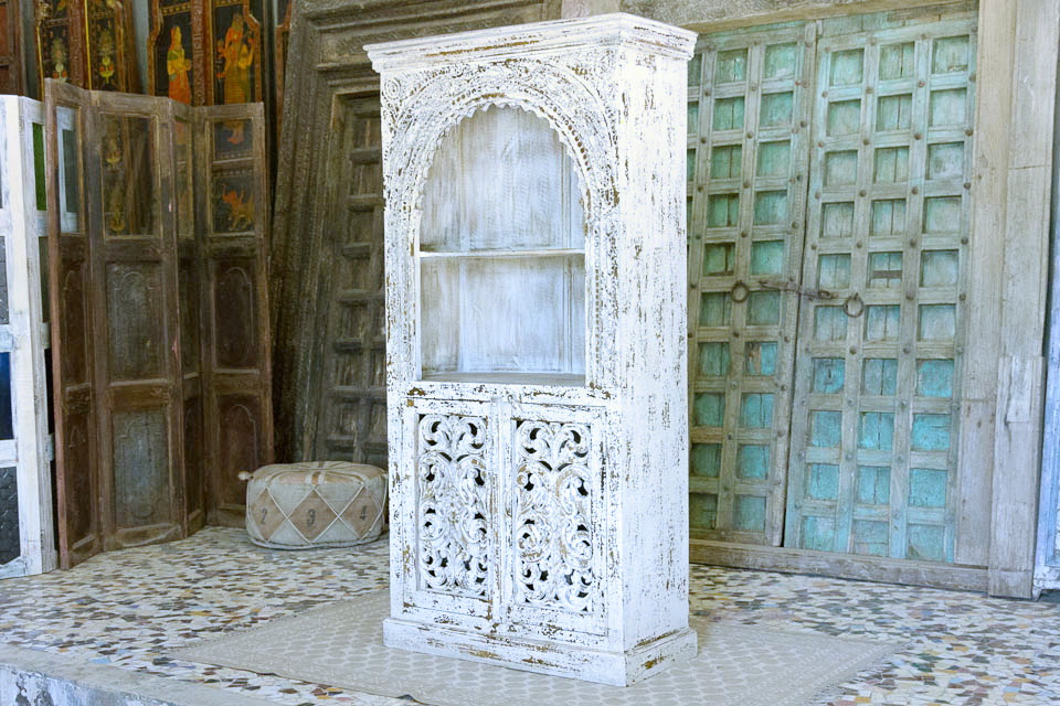 Antique Indian Jali Hand Carved Solid Wooden Bookshelves Whitewash 91x40x181cm A068