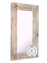 Hand Carved Indian Whitewashed Wooden Mirror Furniture