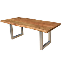 Industrial Solid Wood & Iron Base Live Edge Dining Table Natural