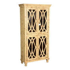 French Arched Diamond Grill Distress Mango Wood Display Cabinet Armoire With Shelves