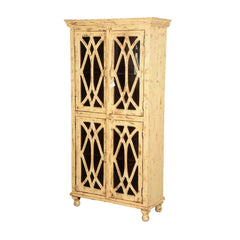 French Arched Diamond Grill Distress Mango Wood Display Cabinet Armoire With Shelves