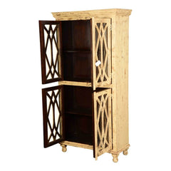 French Arched Diamond Grill Distress Mango Wood Display Cabinet Armoire With Shelves