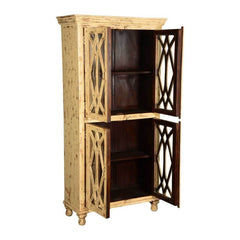 French Arched Diamond Grill Distress Mango Wood Display Cabinet Armoire With Shelves