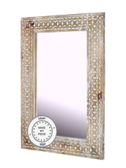 Hand Carved Indian Whitewashed Wooden Mirror Furniture