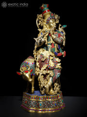 Indian Lord Krishna With His Cow Brass Statue With Inlay Work