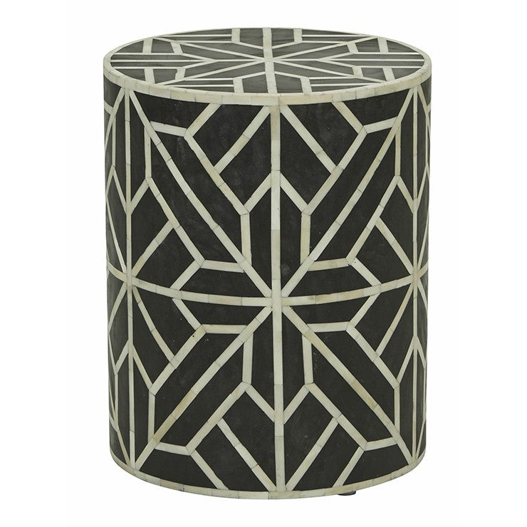 Maaya Brass Bone Inlay Round drum Side Table Black Flower L