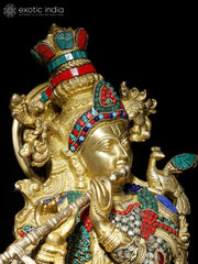 Indian Lord Krishna With His Cow Brass Statue With Inlay Work