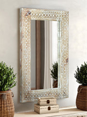 Hand Carved Indian Whitewashed Wooden Mirror Furniture