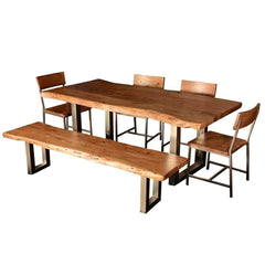 Industrial Solid Wood & Iron Base Live Edge Dining Table Natural