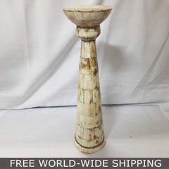 Real Bone Inlay Designer Pillar Vintage Candle Stand Holder Walnut B