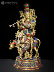 Indian Lord Krishna With His Cow Brass Statue With Inlay Work