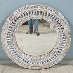 Handcrafted Indian Furniture Carved Wooden Mirror Frame Whitewash 90X90CM