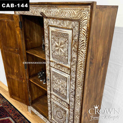 Kalah Vintage Antique Indian Hand Carved Solid Wooden Cabinet