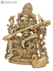 Indian Lord Goddess Sarasvati Brass Statue