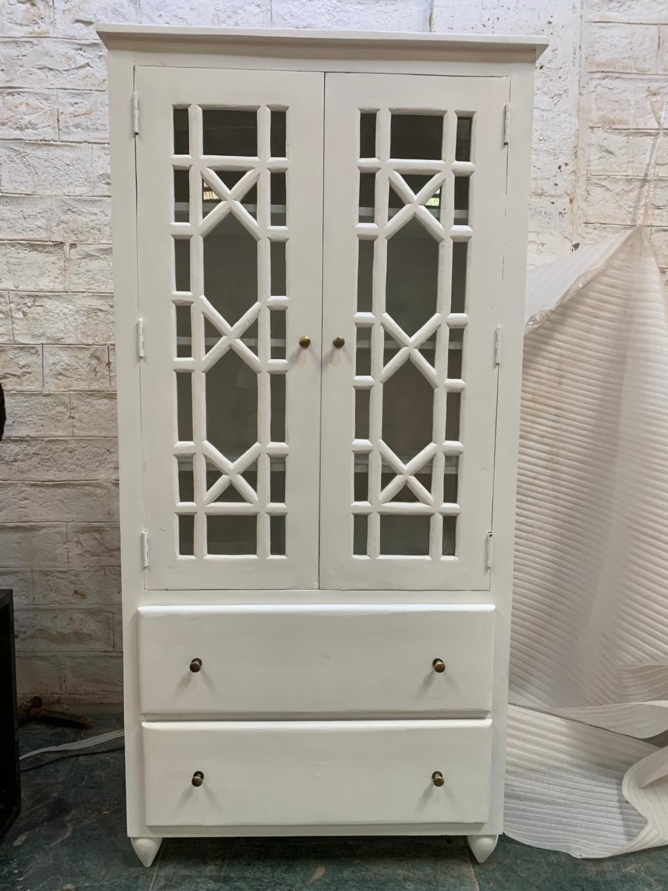 Hand Craved Indian Mango Wood Cabinet With French Arched Doors White