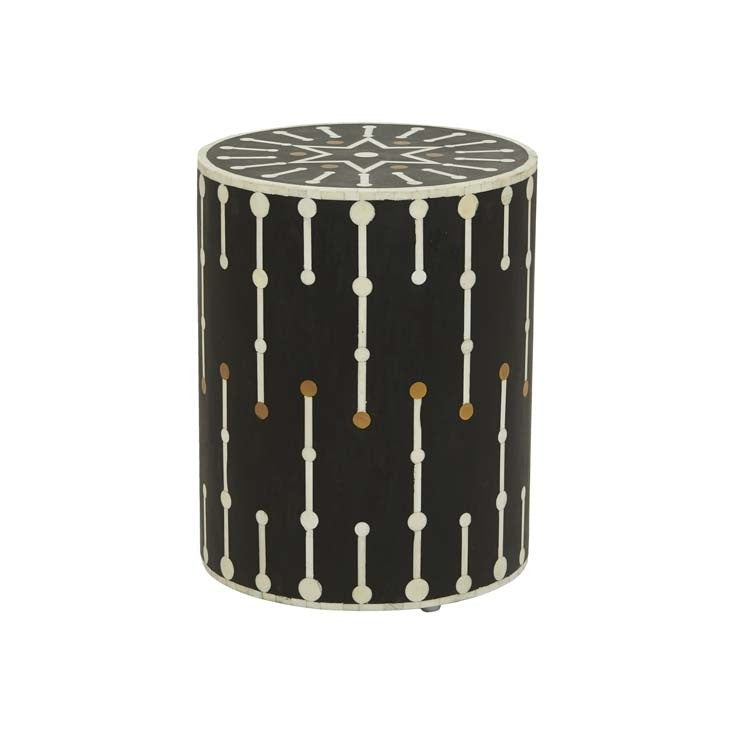 Maaya Brass Bone Inlay Round drum Side Table Black Geometric L