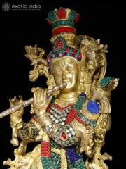 Indian Lord Krishna With His Cow Brass Statue With Inlay Work