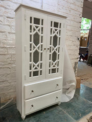 Hand Craved Indian Mango Wood Cabinet With French Arched Doors White