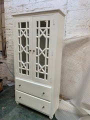 Hand Craved Indian Mango Wood Cabinet With French Arched Doors White