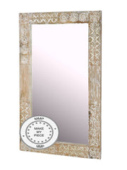 Hand Carved Indian Whitewashed Wooden Furniture Mirror