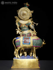 Indian Lord Krishna With His Cow Brass Statue With Inlay Work