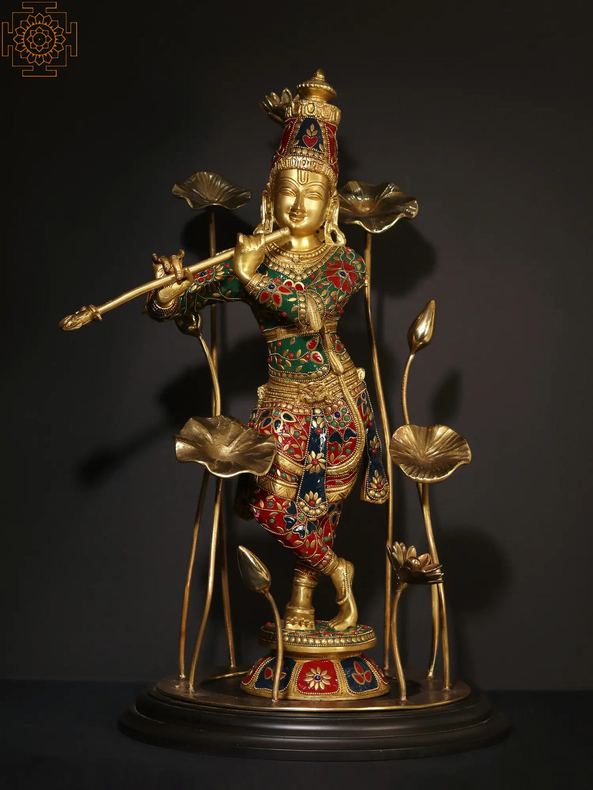 Indian Lord Krishna Playing Flute Brass Statue With Inlay Work