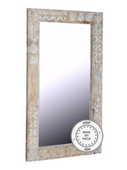 Hand Carved Indian Whitewashed Wooden Furniture Mirror