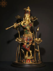 Indian Lord Krishna Playing Flute Brass Statue With Inlay Work