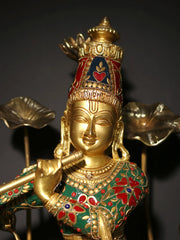 Indian Lord Krishna Playing Flute Brass Statue With Inlay Work