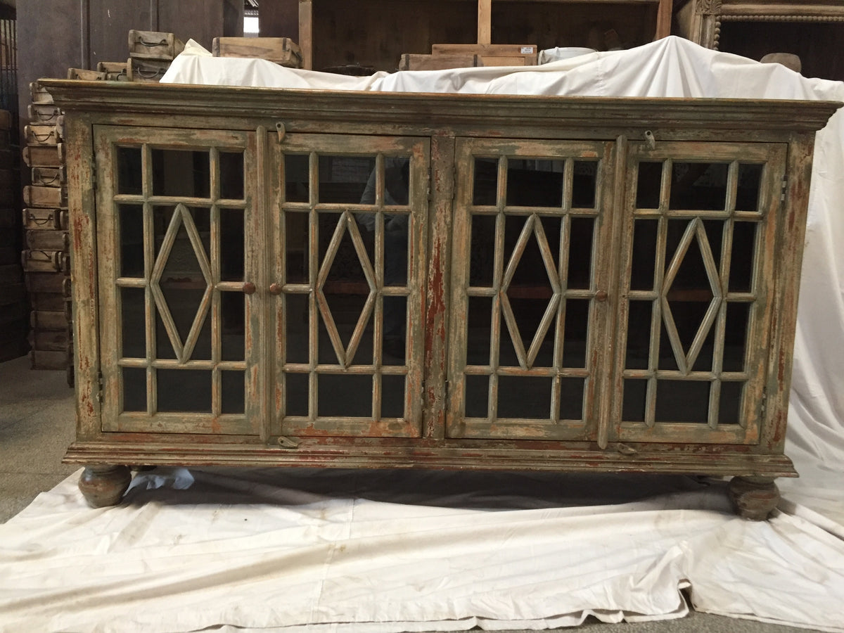 Hand Carved Indian Solid Wood Jali Buffet Sideboard With Glass Door