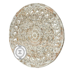 Dynasty Indian Solid Wood Round Rosette Carved Panel Bedhead Whitewash