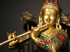 Indian Lord Krishna Playing Flute Brass Statue With Inlay Work