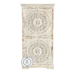 Dynasty Hand Craved Indian Solid Wood Wardrobe Bookshelf Cabinet White