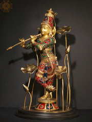 Indian Lord Krishna Playing Flute Brass Statue With Inlay Work