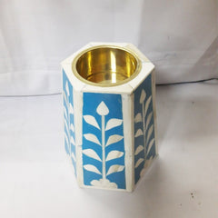 Real Bone Inlay Designer Pillar Vintage Candle Stand Holder Blue D