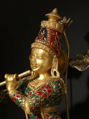 Indian Lord Krishna Playing Flute Brass Statue With Inlay Work
