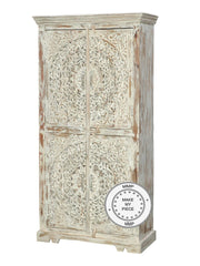 Dynasty Hand Craved Indian Solid Wood Wardrobe Bookshelf Cabinet White