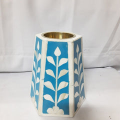 Real Bone Inlay Designer Pillar Vintage Candle Stand Holder Blue D