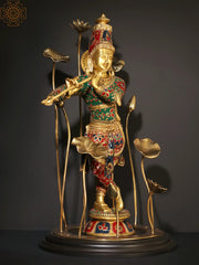 Indian Lord Krishna Playing Flute Brass Statue With Inlay Work