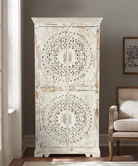 Dynasty Hand Craved Indian Solid Wood Wardrobe Bookshelf Cabinet White