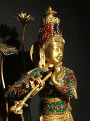 Indian Lord Krishna Playing Flute Brass Statue With Inlay Work