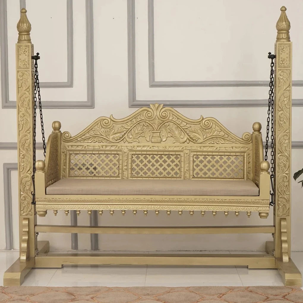 Handmade Indian Furniture Solid Hard Wood Swing Daybed in Golden Finish