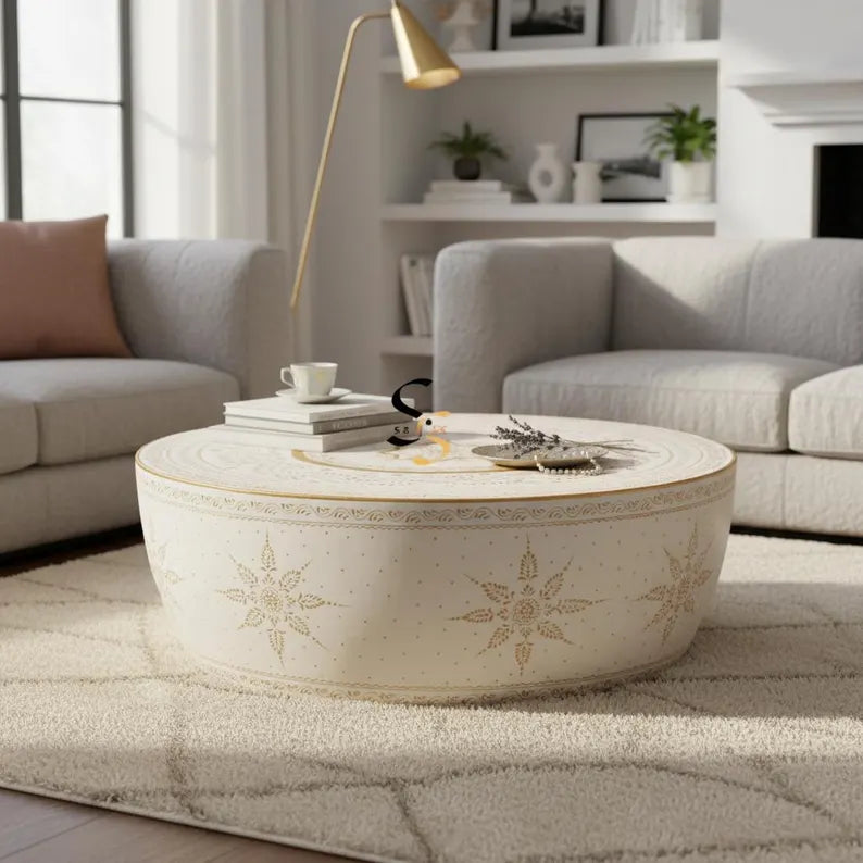Indian Hand Painted Drum Solid Wood Coffee Table C134