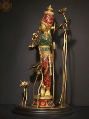 Indian Lord Krishna Playing Flute Brass Statue With Inlay Work