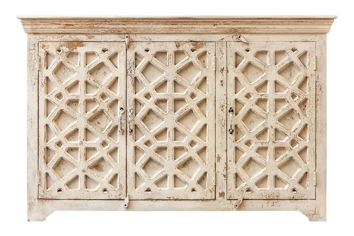 Antique Indian Reclaimed Hand Liberty Solid Wooden Sideboard Whitewash 145x45x96cm A0273