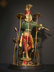 Indian Lord Krishna Playing Flute Brass Statue With Inlay Work
